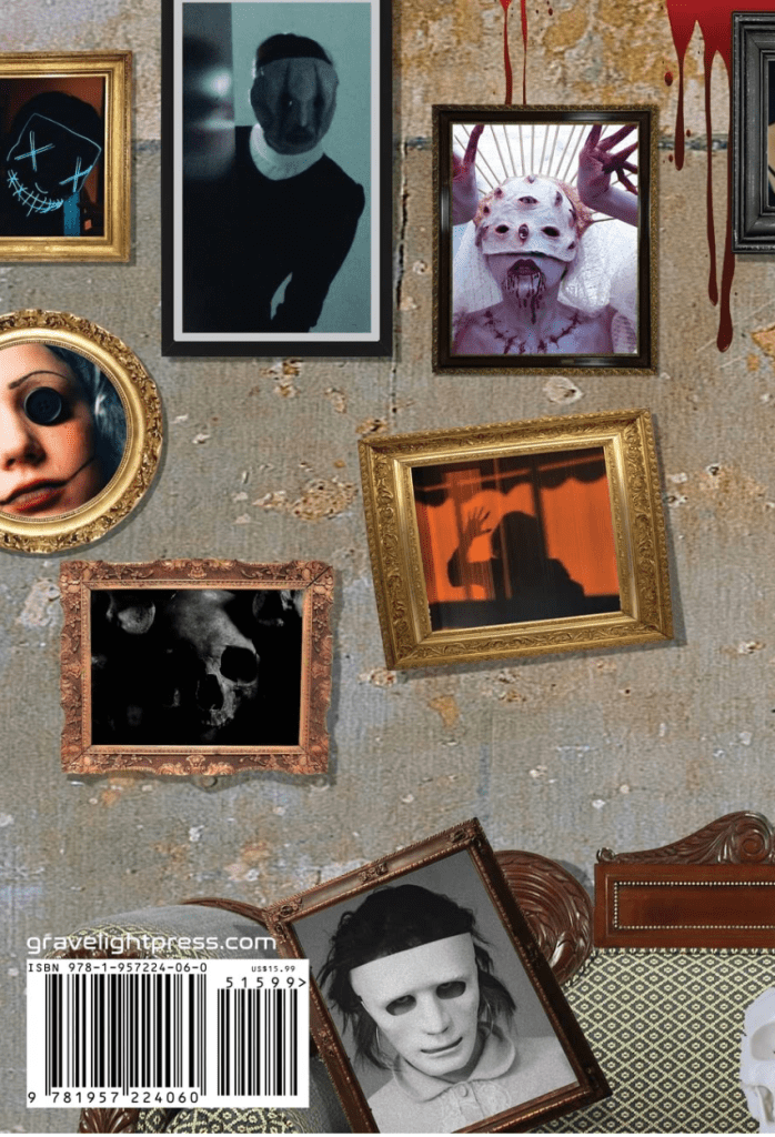 A collage of eerie and unsettling framed images displayed on a wall, featuring figures with distorted faces and masks, along with grotesque imagery, all set in a dimly lit room.